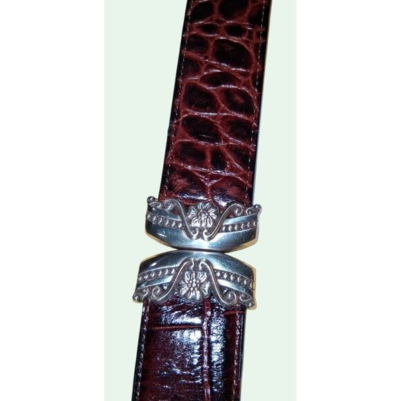 Brown Croc Embossed Belt With Ornate Silver Buckle & Tips XLarge - Picture 8 of 11